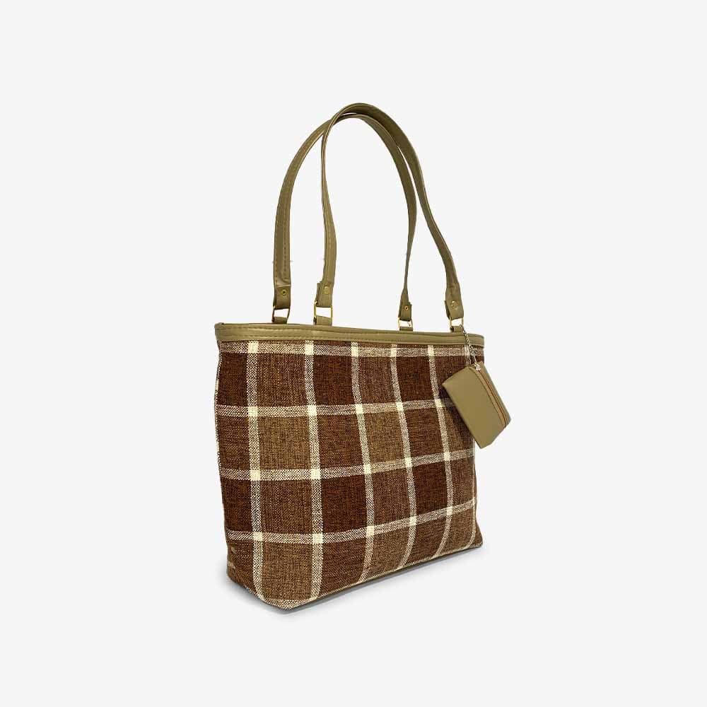 Zenve Check Pattern Tote Bag Brown Zenve Check Pattern Tote Bag Brown