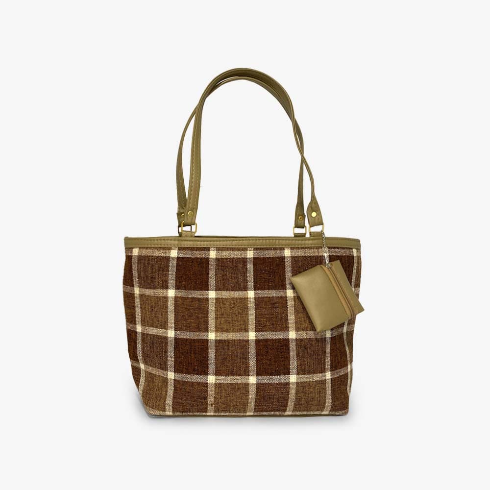 Zenve Check Pattern Tote Bag Brown Zenve Check Pattern Tote Bag Brown